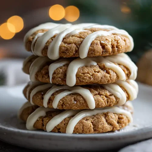 Stack of chewy maple ginger cookies drizzled with white icing on a plate with Christmas lights in the background