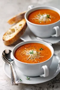 Two white bowls of creamy tomato-based million-dollar soup topped with Parmesan and herbs, served with crusty bread slices.