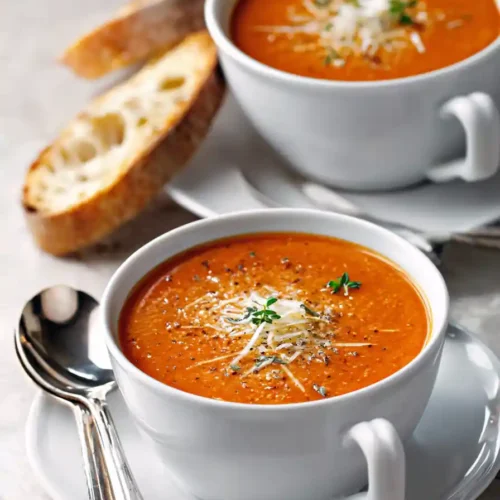 Two white bowls of creamy tomato-based million-dollar soup topped with Parmesan and herbs, served with crusty bread slices.