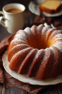 Golden brown rum bundt cake dusted with powdered sugar served with a cup of coffee