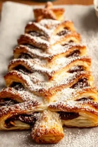 Close-up of a golden brown Nutella Christmas tree pastry dusted with powdered sugar, baked to flaky perfection.