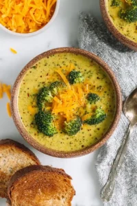 Creamy broccoli cheddar soup in a rustic bowl topped with melted cheddar and served with toasted bread