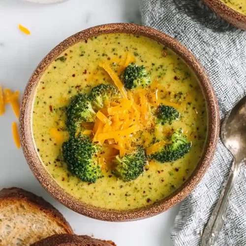 Creamy broccoli cheddar soup in a rustic bowl topped with melted cheddar and served with toasted bread