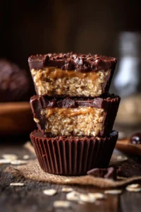 Stack of homemade peanut butter chocolate cups filled with creamy caramel and oats on a rustic table.