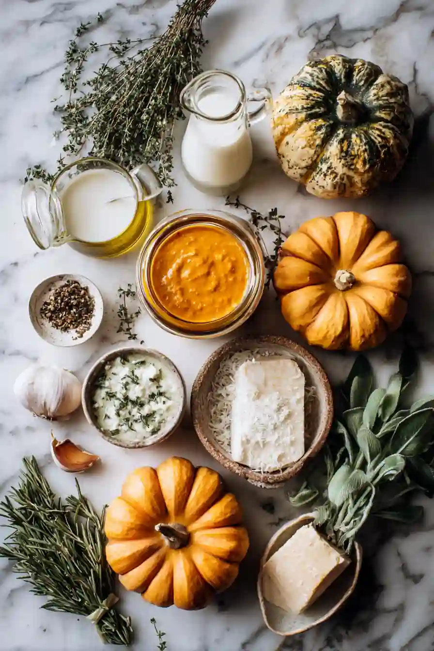Flat lay of pumpkin pasta sauce ingredients including pumpkins, herbs, cream, cheese, garlic, and olive oil on marble surface