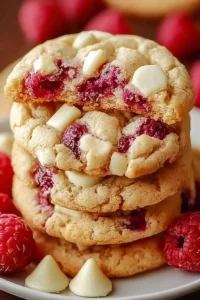 Stack of soft raspberry white chocolate cookies with melted chips and fresh berries on a white plate
