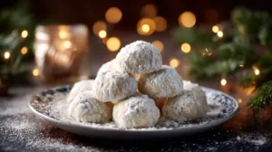 Stack of Russian Tea Cakes dusted with powdered sugar on a festive plate with holiday lights in the background