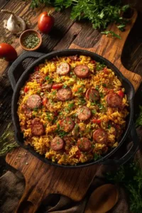 Close-up of a smoky sausage and rice skillet with colorful vegetables and fresh herbs in a cast iron pan on a rustic wooden table.