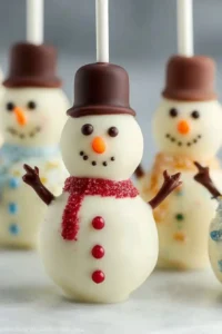 Snowman cake pops decorated with chocolate hats and scarves for Christmas