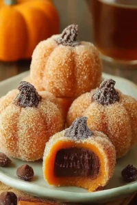 Sugar-coated pumpkin-shaped truffles filled with rich chocolate ganache on a plate