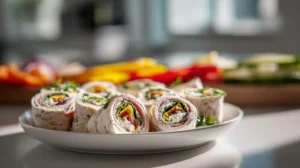 Turkey veggie tortilla roll ups with colorful peppers, spinach, and cream cheese on a white plate