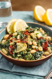 Bowl of Tuscan white bean and spinach soup with artichokes, sun-dried tomatoes, and lemon slices on a blue table.