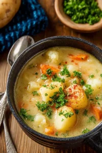 A warm bowl of creamy vegan potato soup with carrots and fresh herbs served on a rustic table.