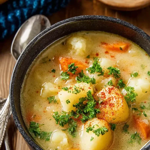 A warm bowl of creamy vegan potato soup with carrots and fresh herbs served on a rustic table.