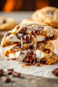 Close-up of gooey viral s’mores cookies with melted chocolate and toasted marshmallows oozing between golden cookie layers.