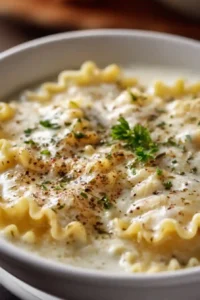 Creamy white lasagna soup in a bowl topped with melted cheese, herbs, and lasagna noodles
