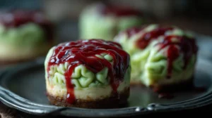 Close-up of Zombie Brain Cheesecake Bites with green swirls and raspberry “blood” glaze on a black tray.