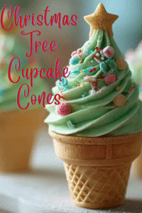 Christmas tree cupcakes decorated with green frosting, sprinkles, and stars in waffle cones