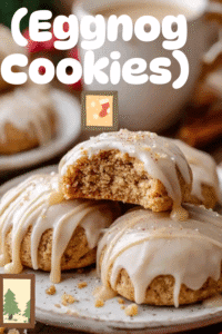 Soft eggnog cookies drizzled with vanilla glaze and sprinkled with nutmeg, served with coffee for a cozy holiday treat.