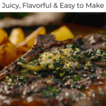 Juicy T-bone steak topped with garlic herb butter and served with golden roasted potatoes