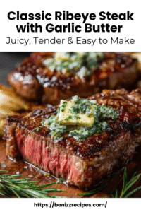 Close-up of juicy ribeye steak topped with garlic herb butter and sea salt on a wooden board