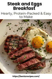 Perfectly grilled steak slices with sunny-side-up eggs on a white plate garnished with herbs and sea salt
