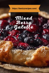 Rustic mixed berry galette with golden flaky crust, filled with juicy blueberries, raspberries, and blackberries, dusted with powdered sugar.