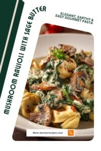 A bowl of creamy tortellini pasta with mushrooms and spinach in a rich garlic Parmesan sauce