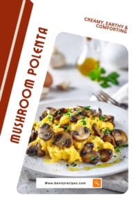 A plate of creamy scrambled eggs topped with golden sautéed mushrooms and fresh herbs, perfect for a gourmet breakfast.
