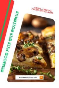 Close-up of a homemade mushroom and caramelized onion pizza with melted cheese, golden crust, and fresh thyme on a wooden board