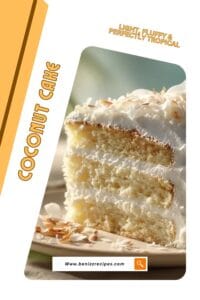 A moist slice of coconut cake with layers of creamy frosting and toasted coconut flakes on a plate.