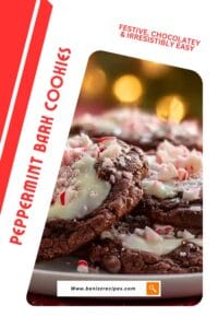 Close-up of fudgy peppermint brownie cookies topped with melted white chocolate and crushed candy canes on a festive plate