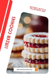 Close-up of buttery Linzer cookies filled with raspberry jam and dusted with powdered sugar