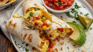 Hearty breakfast burrito filled with scrambled eggs, avocado, and salsa on a white plate