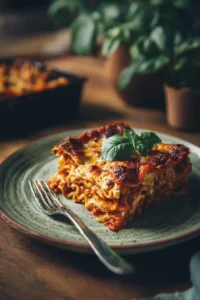 Slice of homemade lasagna with melted cheese and fresh basil on a ceramic plate