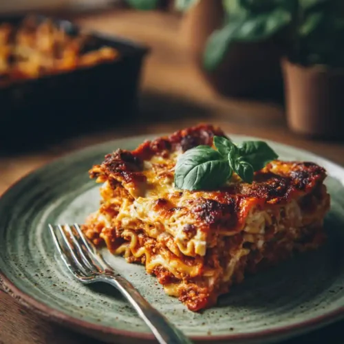 Slice of homemade lasagna with melted cheese and fresh basil on a ceramic plate