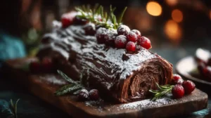 A beautifully decorated classic Yule log chocolate cake dusted with powdered sugar and topped with fresh cranberries and rosemary.