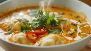 Steaming bowl of coconut curry dumpling soup garnished with fresh cilantro, chili slices, and coconut cream drizzle.