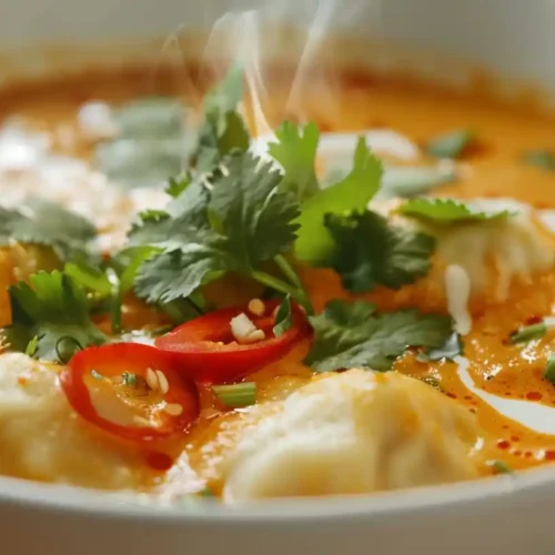 Steaming bowl of coconut curry dumpling soup garnished with fresh cilantro, chili slices, and coconut cream drizzle.