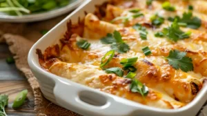 Cheesy creamy chicken enchiladas baked in a white dish topped with cilantro and melted cheese