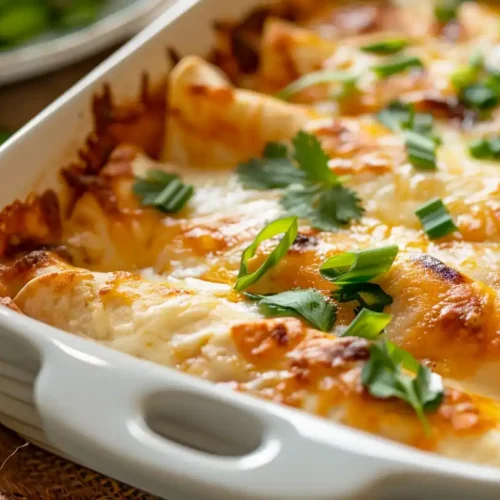 Cheesy creamy chicken enchiladas baked in a white dish topped with cilantro and melted cheese