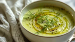 Bowl of creamy green soup drizzled with olive oil and garnished with fresh herbs
