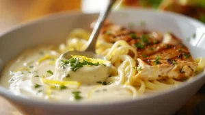Creamy lemon chicken pasta with grilled chicken, fettuccine, and zesty lemon sauce garnished with herbs