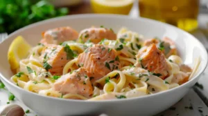 Bowl of creamy salmon pasta with lemon and herbs