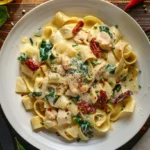 Creamy Tuscan chicken pasta topped with sun-dried tomatoes, spinach, and parmesan on a rustic wooden table