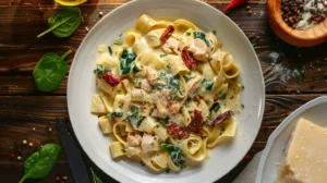 Creamy Tuscan chicken pasta topped with sun-dried tomatoes, spinach, and parmesan on a rustic wooden table
