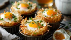 Close-up of crispy hash brown nests filled with sunny-side-up eggs and herbs on a rustic breakfast table