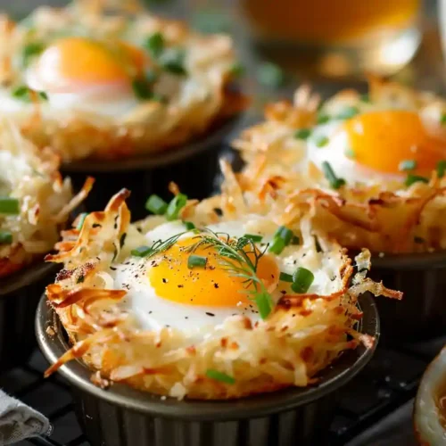 Close-up of crispy hash brown nests filled with sunny-side-up eggs and herbs on a rustic breakfast table