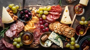 Overhead shot of an elegant charcuterie board with assorted cheeses, cured meats, grapes, crackers, and honey