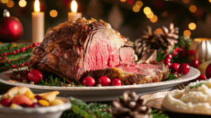 Prime rib roast served with mashed potatoes and holiday decorations